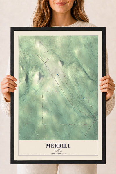 Merrill, Maine map print - 18 x 24 black Ayous wood frame