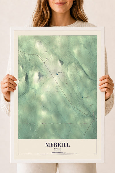 Merrill, Maine map print - 18 x 24 white Ayous wood frame