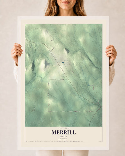 Merrill, Maine map print - 24 x 36 white Ayous wood frame