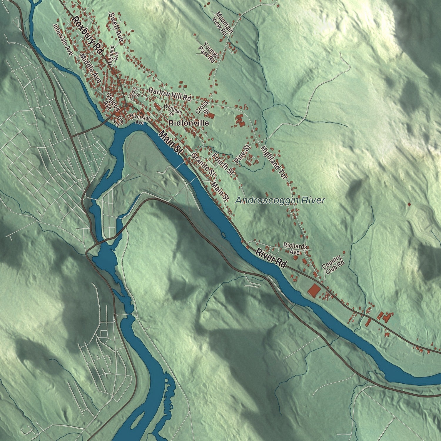 Terrain and local geography detail from the Mexico, Maine map