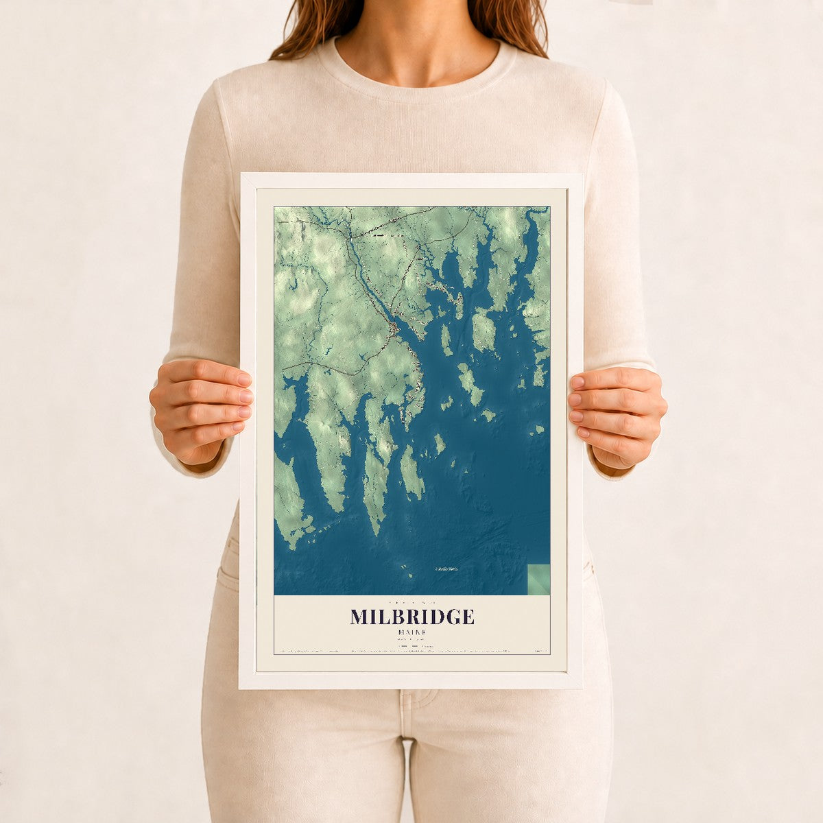 Milbridge, Maine map print - 12 x 18 white Ayous wood frame