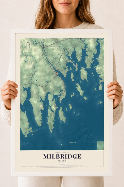 Milbridge, Maine map print - 18 x 24 white Ayous wood frame