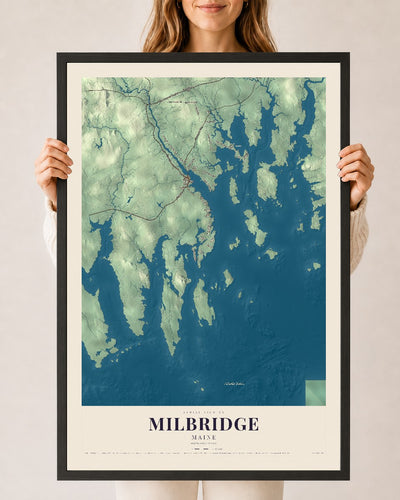 Milbridge, Maine map print - 24 x 36 black Ayous wood frame
