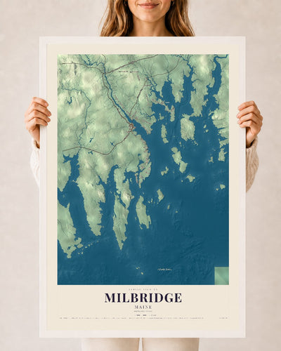 Milbridge, Maine map print - 24 x 36 white Ayous wood frame