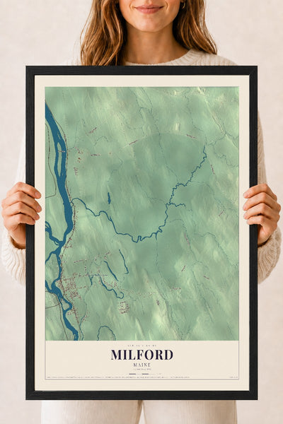 Milford, Maine map print - 18 x 24 black Ayous wood frame