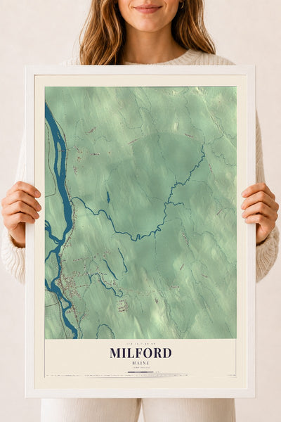 Milford, Maine map print - 18 x 24 white Ayous wood frame