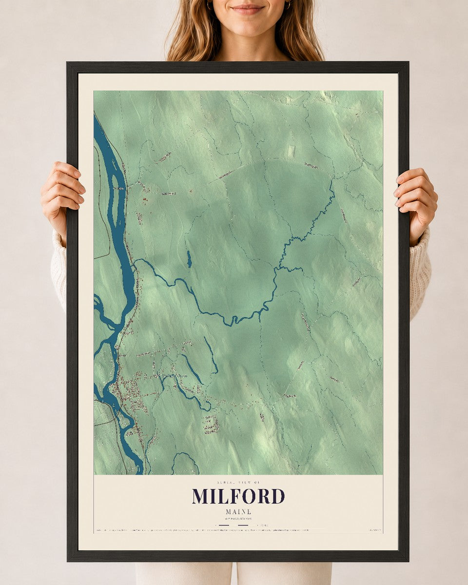 Milford, Maine map print - 24 x 36 black Ayous wood frame