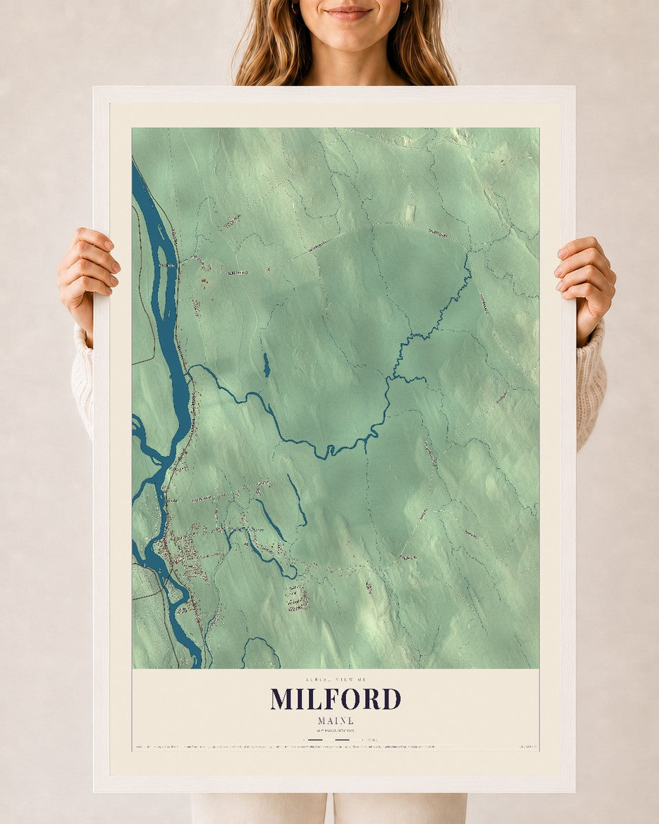 Milford, Maine map print - 24 x 36 white Ayous wood frame