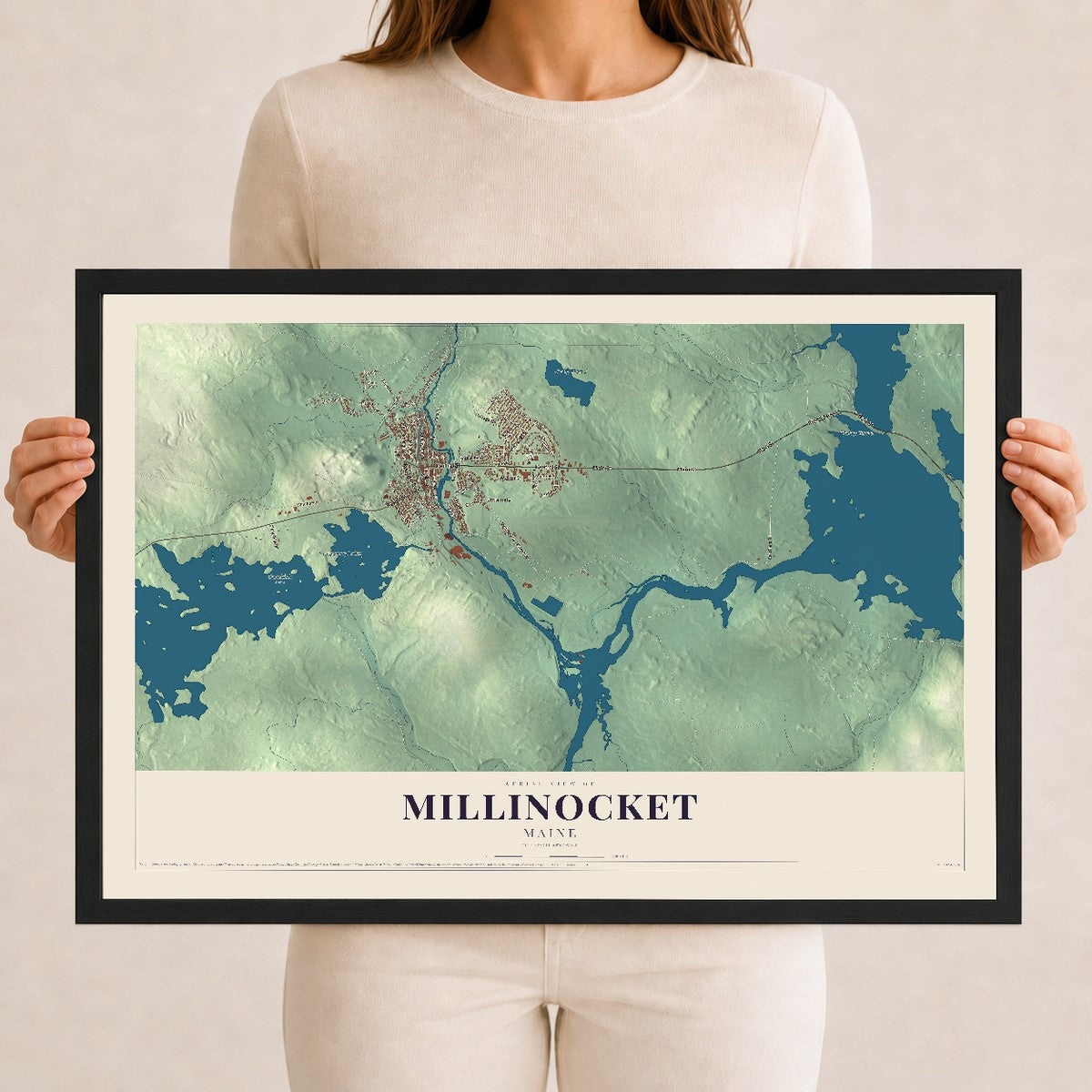 Millinocket, Maine map print - 12 x 18 black Ayous wood frame