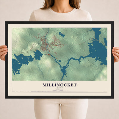 Millinocket, Maine map print - 18 x 24 black Ayous wood frame