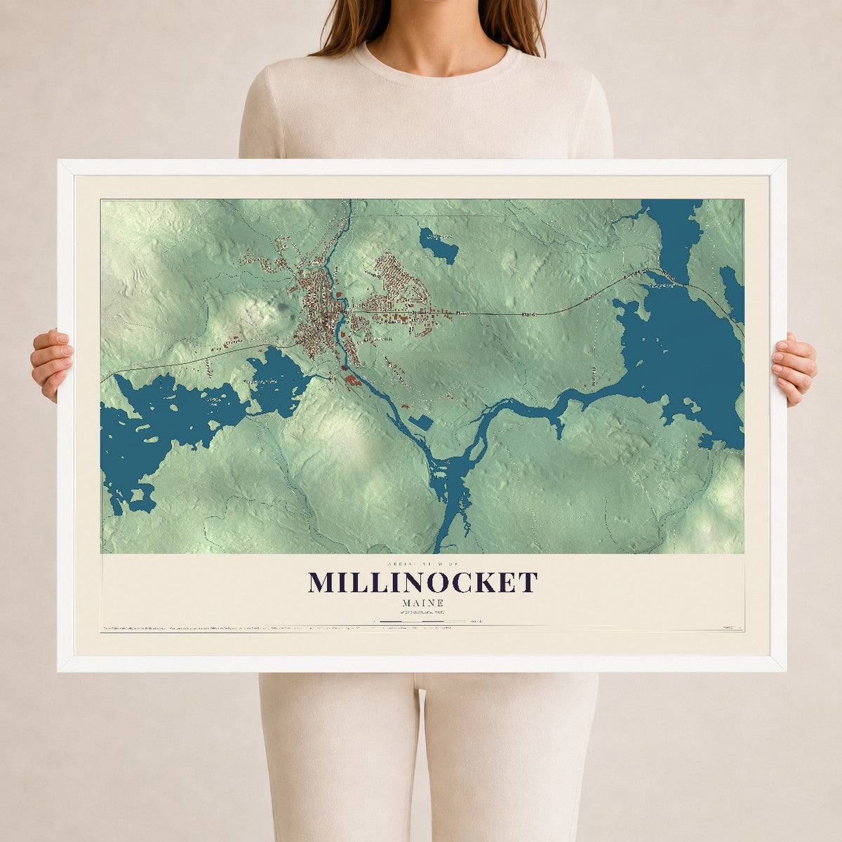 Millinocket, Maine map print - 24 x 36 white Ayous wood frame