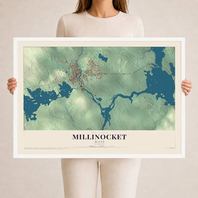 Millinocket, Maine map print - 24 x 36 white Ayous wood frame