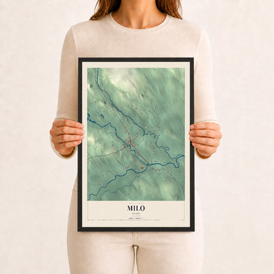 Milo, Maine map print - 12 x 18 black Ayous wood frame