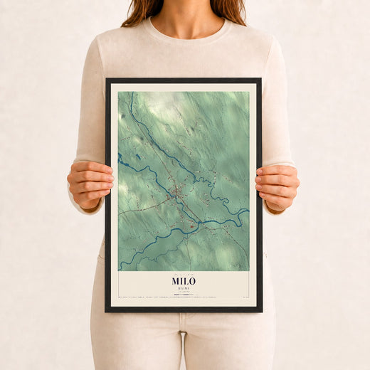 Map of Milo, Maine, 12 x 18 inch print in a black wood frame