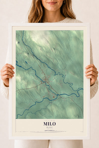 Milo, Maine map print - 18 x 24 white Ayous wood frame