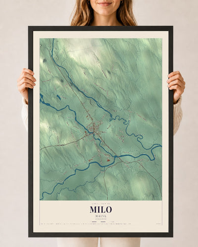 Milo, Maine map print - 24 x 36 black Ayous wood frame