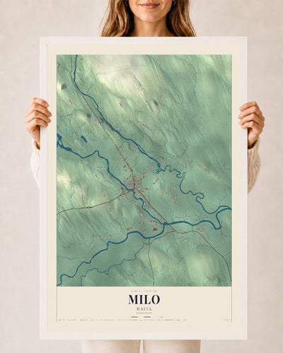 Milo, Maine map print - 24 x 36 white Ayous wood frame