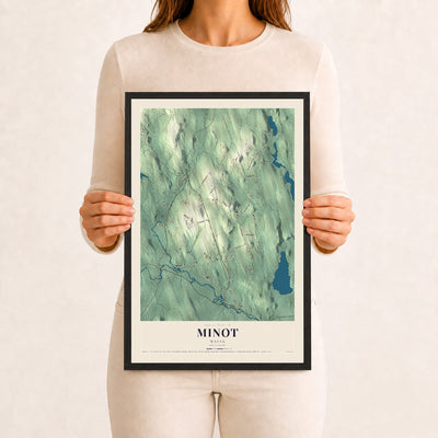 Minot, Maine map print - 12 x 18 black Ayous wood frame
