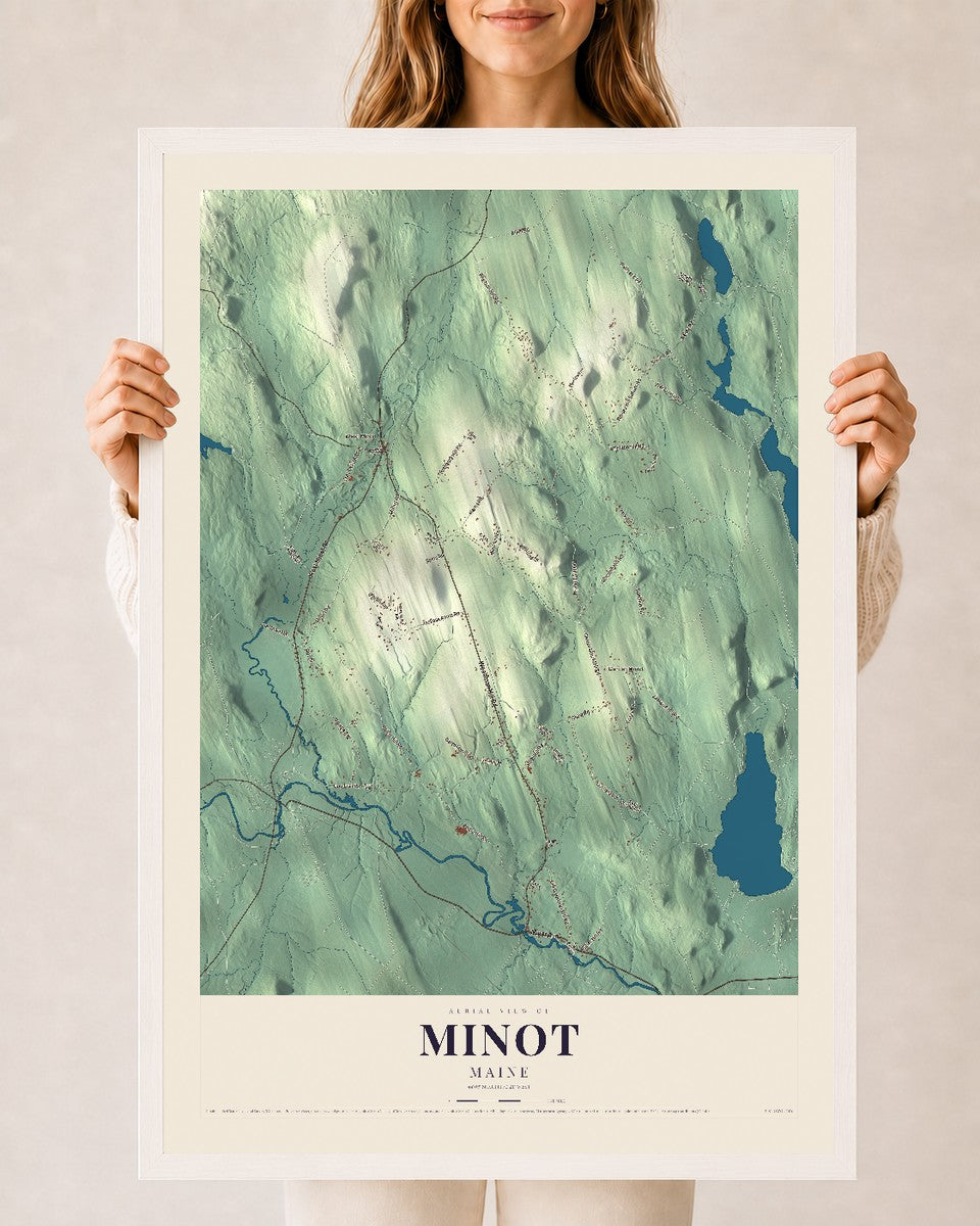 Minot, Maine map print - 24 x 36 white Ayous wood frame