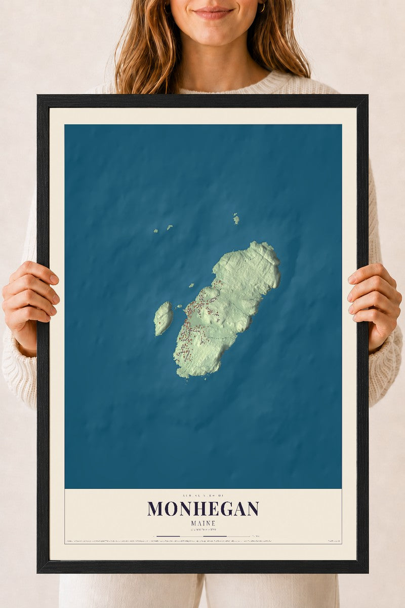 Monhegan, Maine map print - 18 x 24 black Ayous wood frame