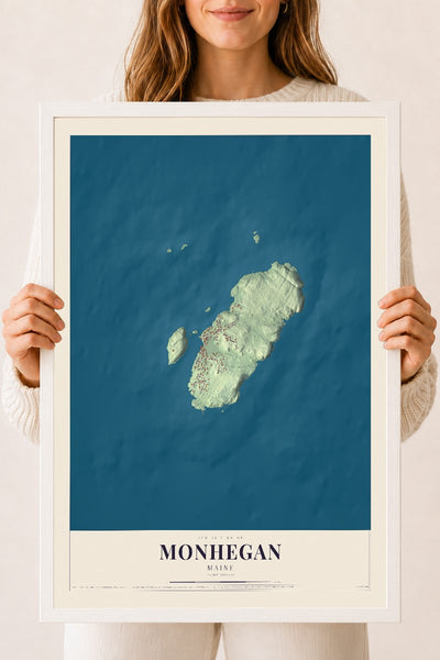 Monhegan, Maine map print - 18 x 24 white Ayous wood frame
