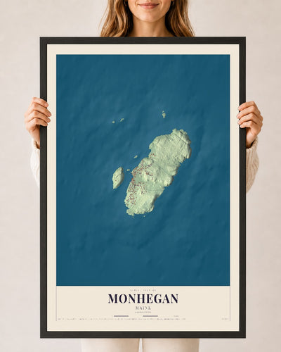 Monhegan, Maine map print - 24 x 36 black Ayous wood frame