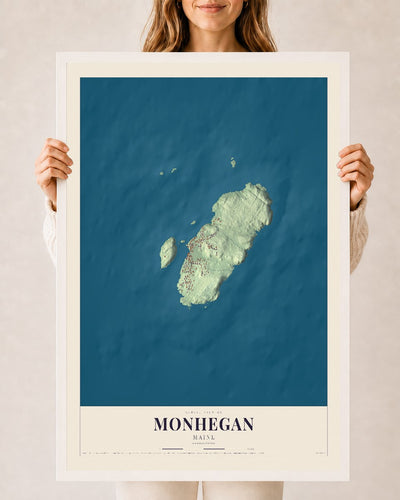 Monhegan, Maine map print - 24 x 36 white Ayous wood frame
