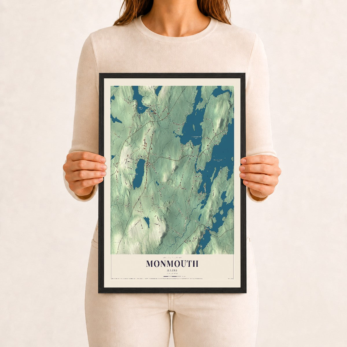 Monmouth, Maine map print - 12 x 18 black Ayous wood frame