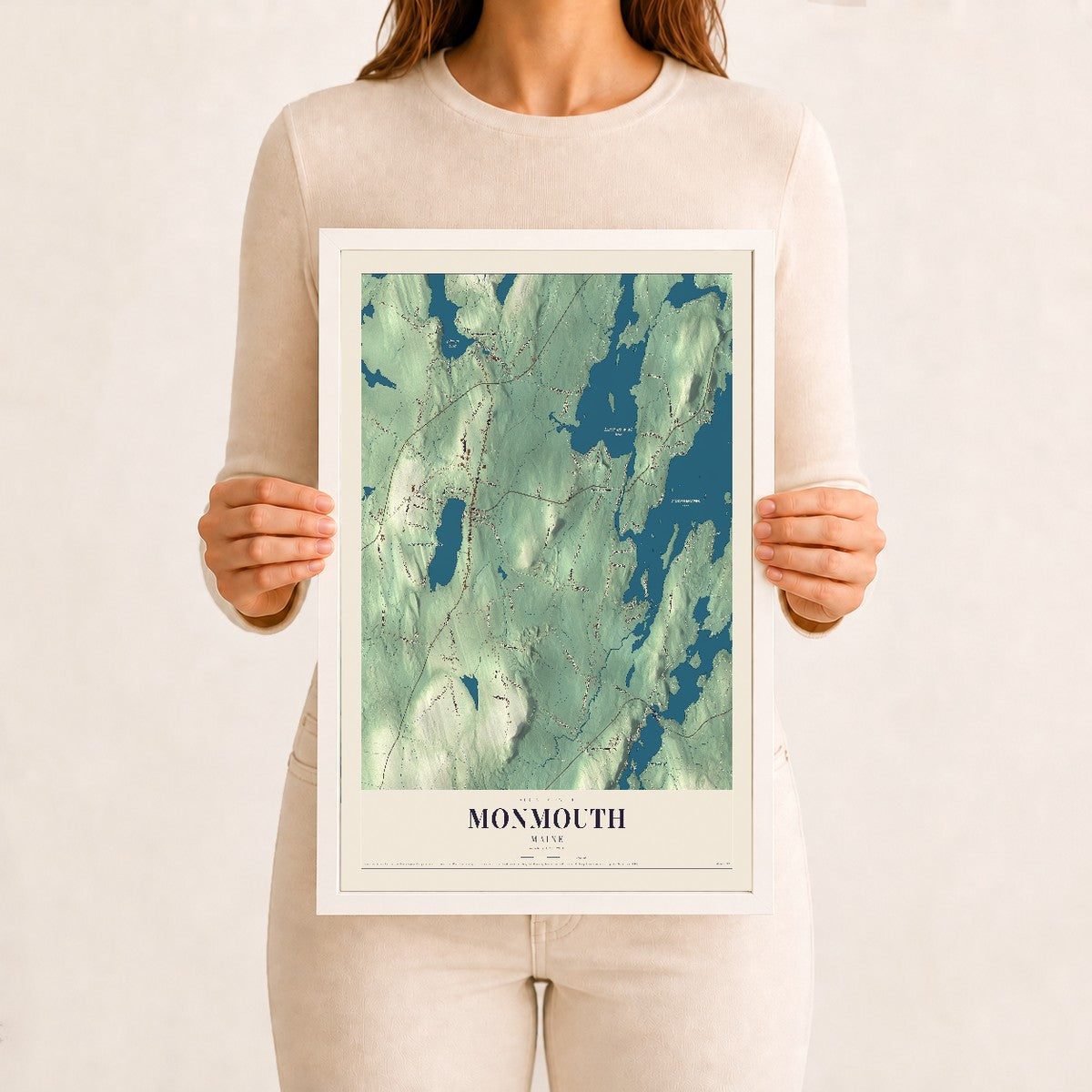 Monmouth, Maine map print - 12 x 18 white Ayous wood frame