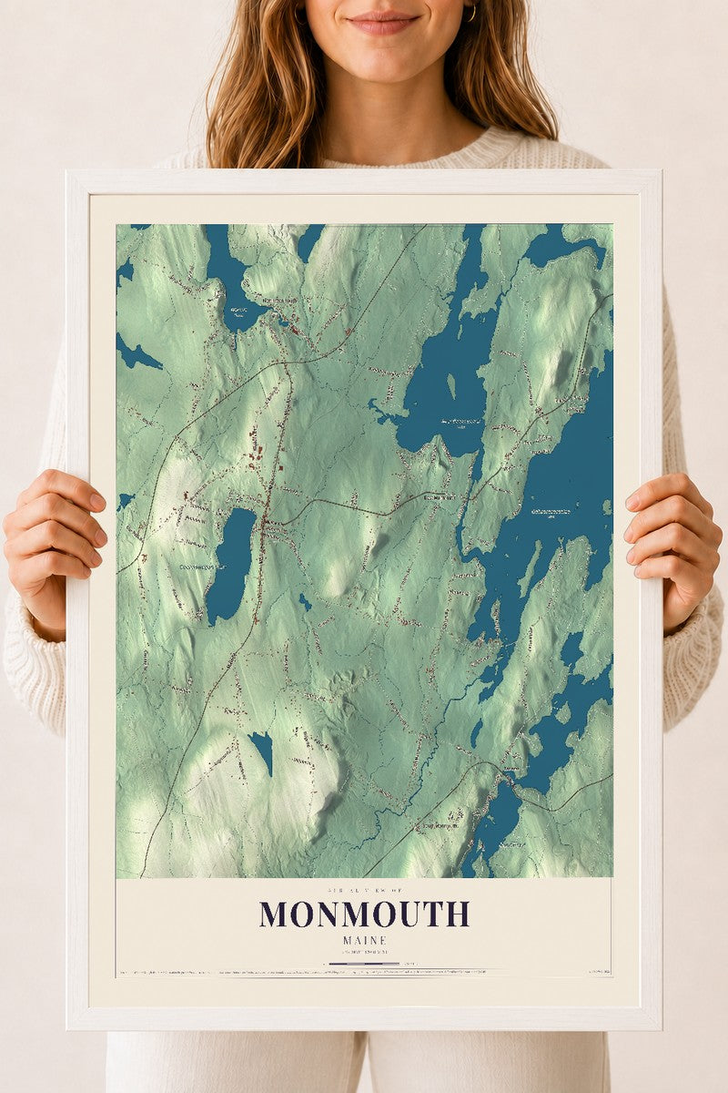 Monmouth, Maine map print - 18 x 24 white Ayous wood frame