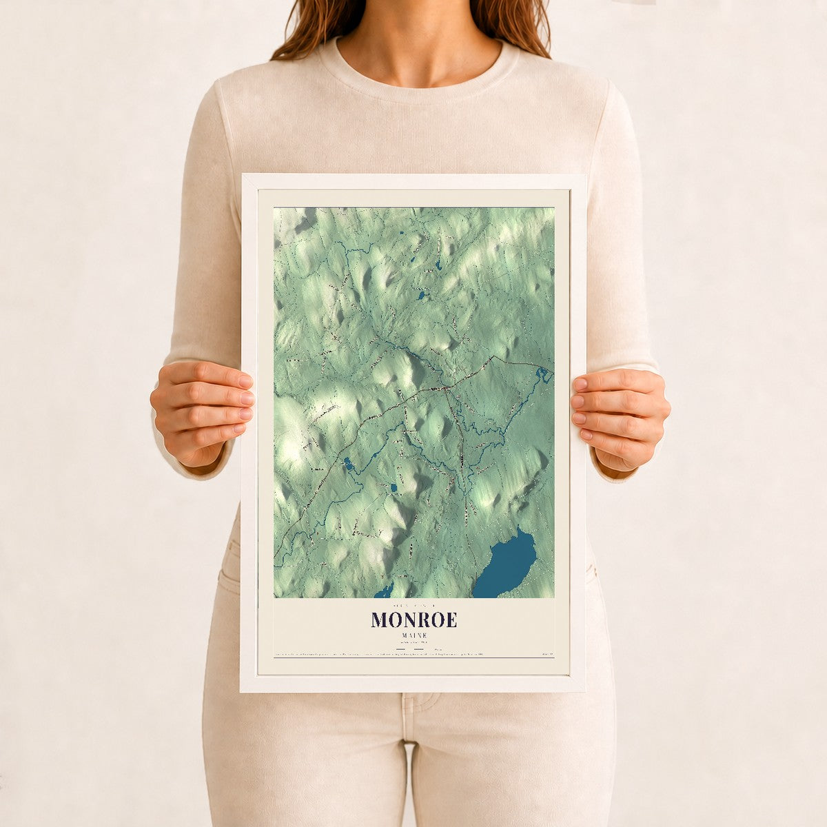 Monroe, Maine map print - 12 x 18 white Ayous wood frame