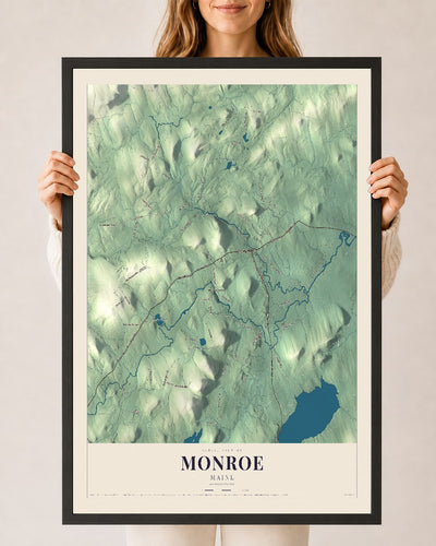 Monroe, Maine map print - 24 x 36 black Ayous wood frame