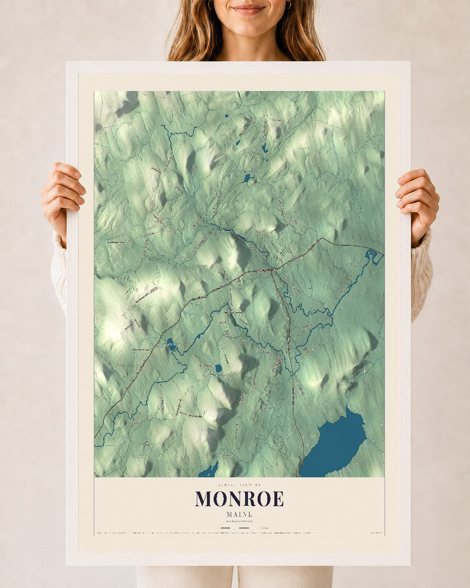 Monroe, Maine map print - 24 x 36 white Ayous wood frame