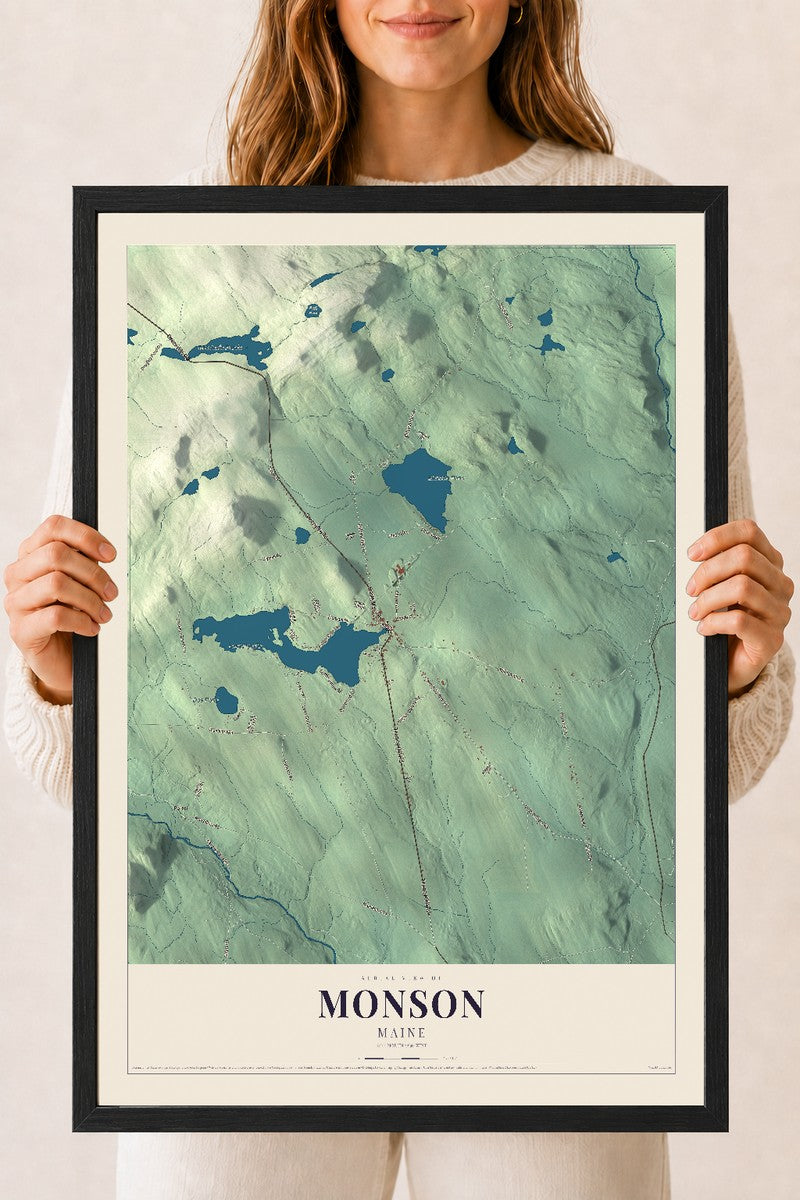 Monson, Maine map print - 18 x 24 black Ayous wood frame
