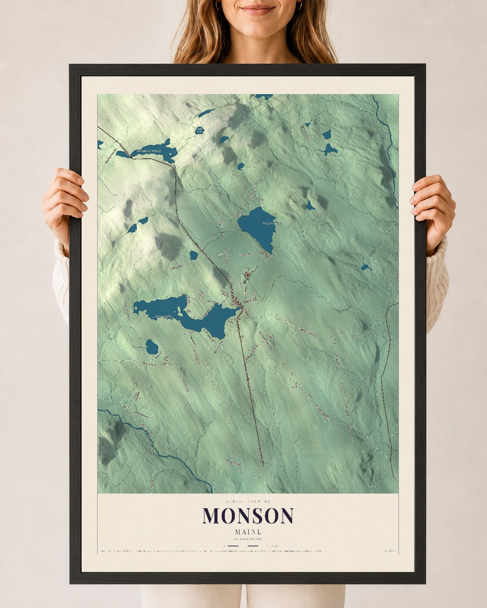 Monson, Maine map print - 24 x 36 black Ayous wood frame