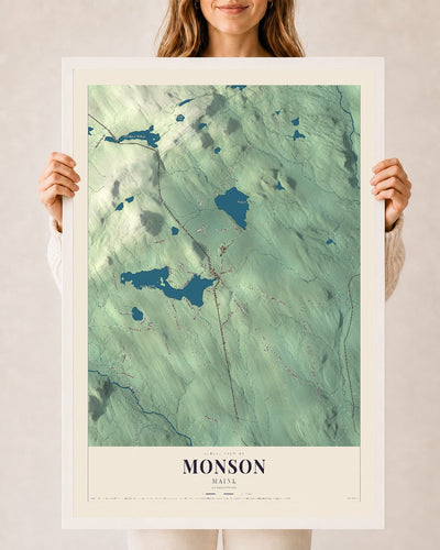 Monson, Maine map print - 24 x 36 white Ayous wood frame