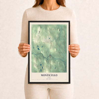 Monticello, Maine map print - 12 x 18 black Ayous wood frame