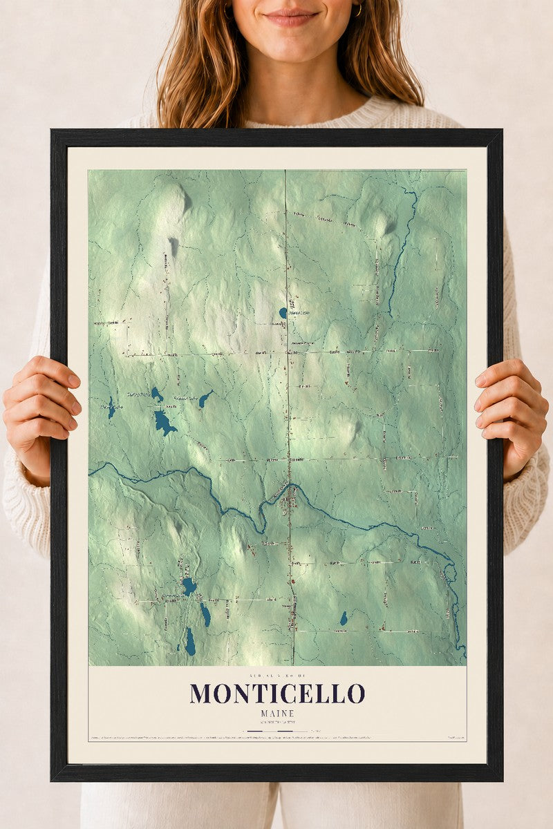 Monticello, Maine map print - 18 x 24 black Ayous wood frame