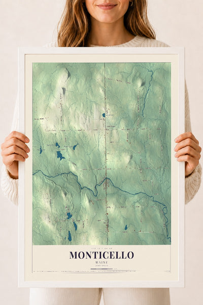 Monticello, Maine map print - 18 x 24 white Ayous wood frame