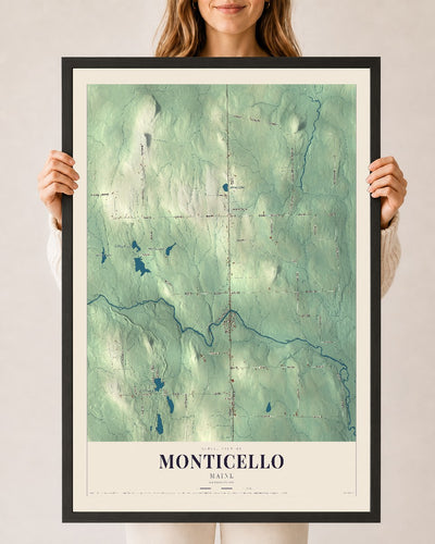 Monticello, Maine map print - 24 x 36 black Ayous wood frame