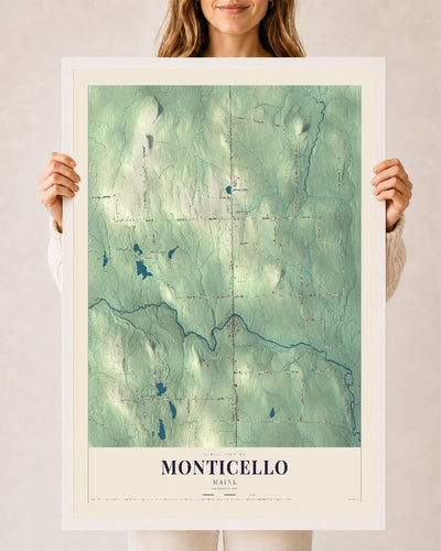 Monticello, Maine map print - 24 x 36 white Ayous wood frame
