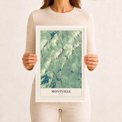 Montville, Maine map print - 12 x 18 white Ayous wood frame