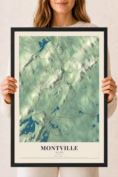 Montville, Maine map print - 18 x 24 black Ayous wood frame