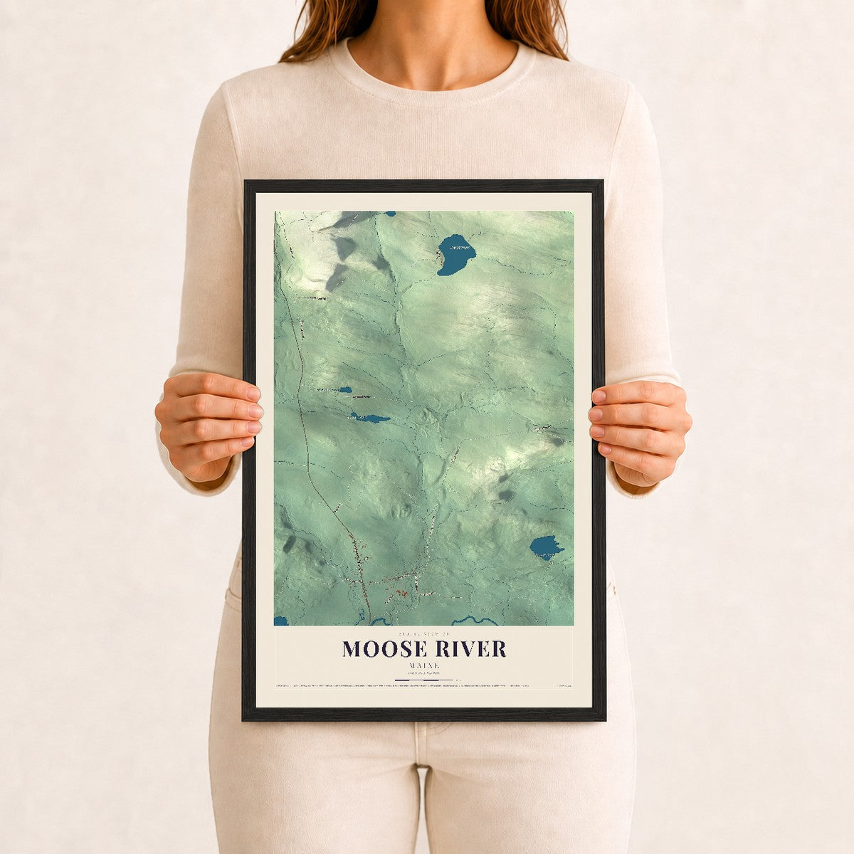 Moose River, Maine map print - 12 x 18 black Ayous wood frame