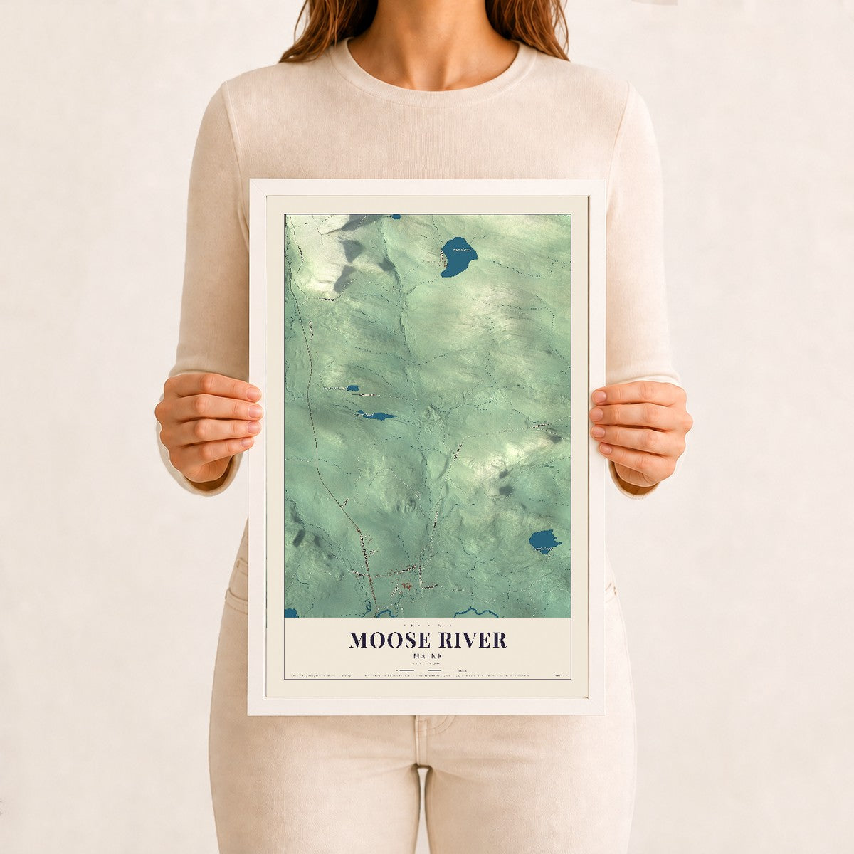 Moose River, Maine map print - 12 x 18 white Ayous wood frame