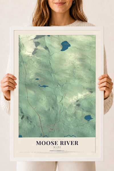 Moose River, Maine map print - 18 x 24 white Ayous wood frame