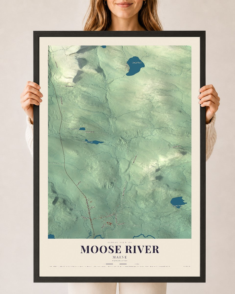 Moose River, Maine map print - 24 x 36 black Ayous wood frame