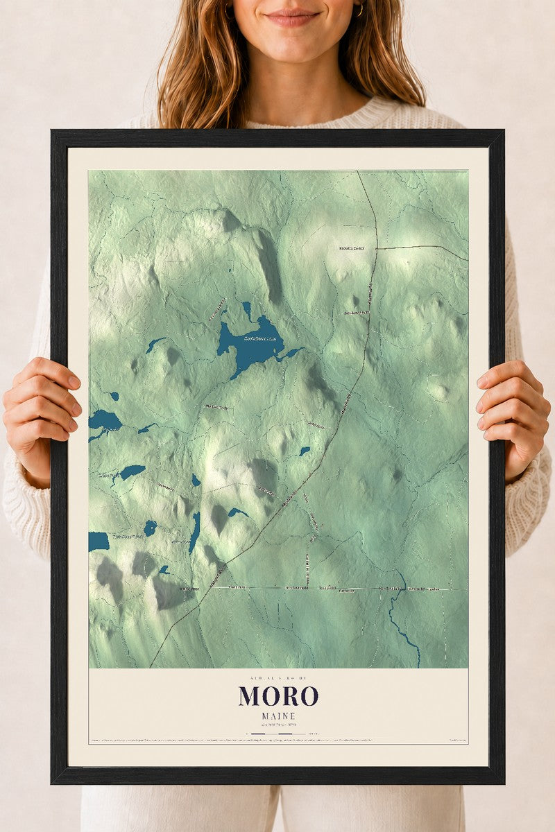 Moro, Maine map print - 18 x 24 black Ayous wood frame