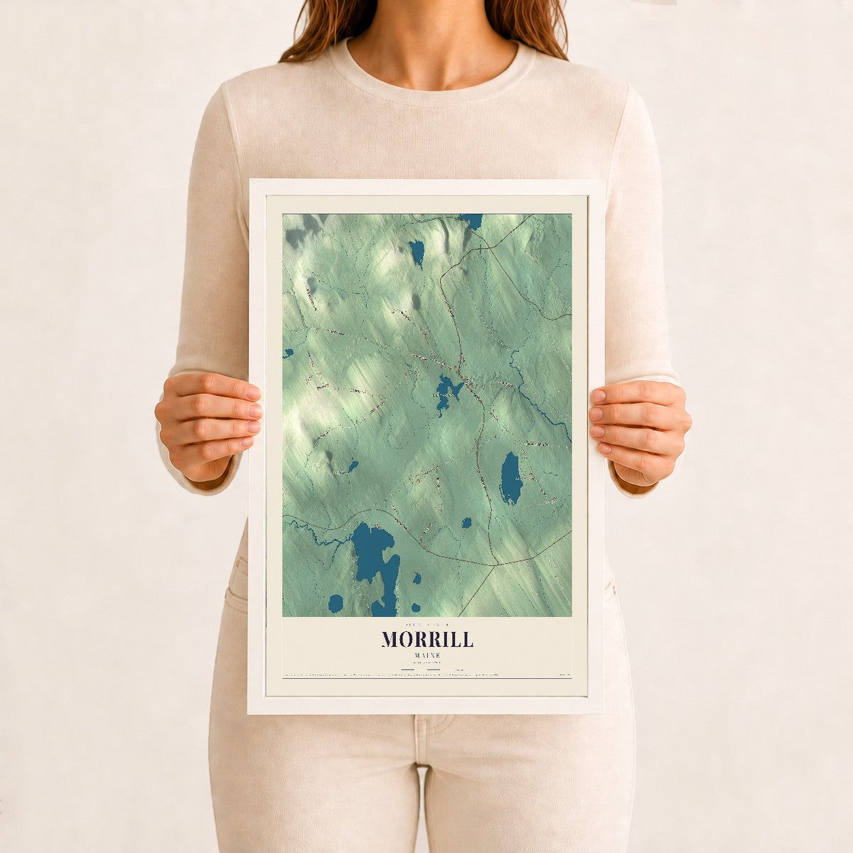 Morrill, Maine map print - 12 x 18 white Ayous wood frame