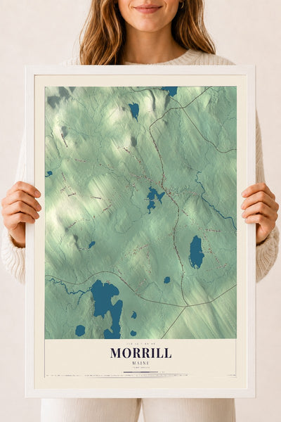 Morrill, Maine map print - 18 x 24 white Ayous wood frame